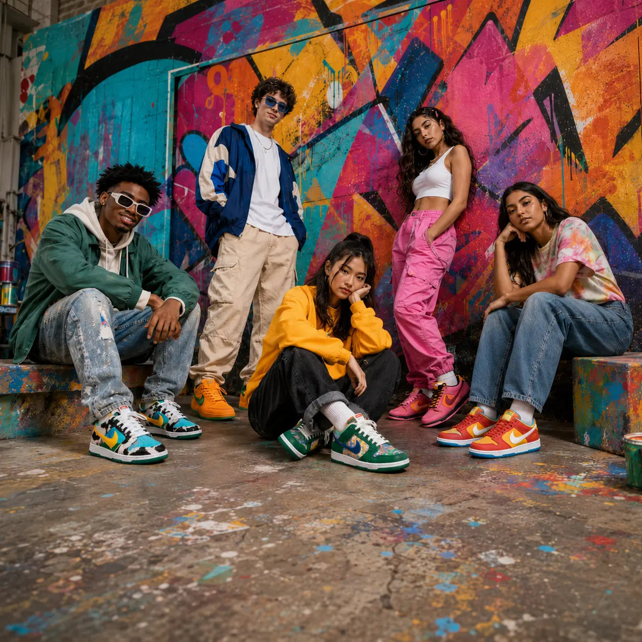 Diverse group of young adults wearing colorful custom sneaker designs while posing in front of a vibrant graffiti wall.